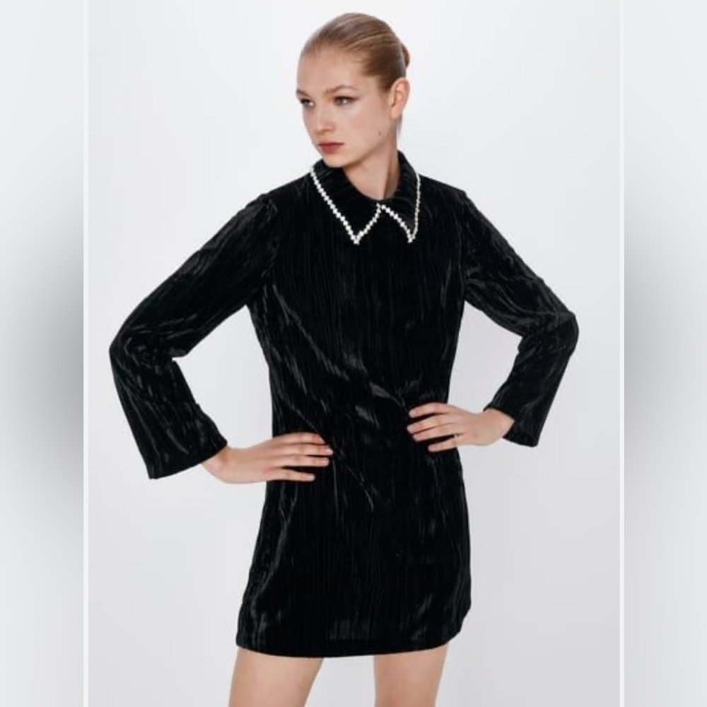 Zara black velvet crystal collar dress Medium long sleeves Party Cocktail winter